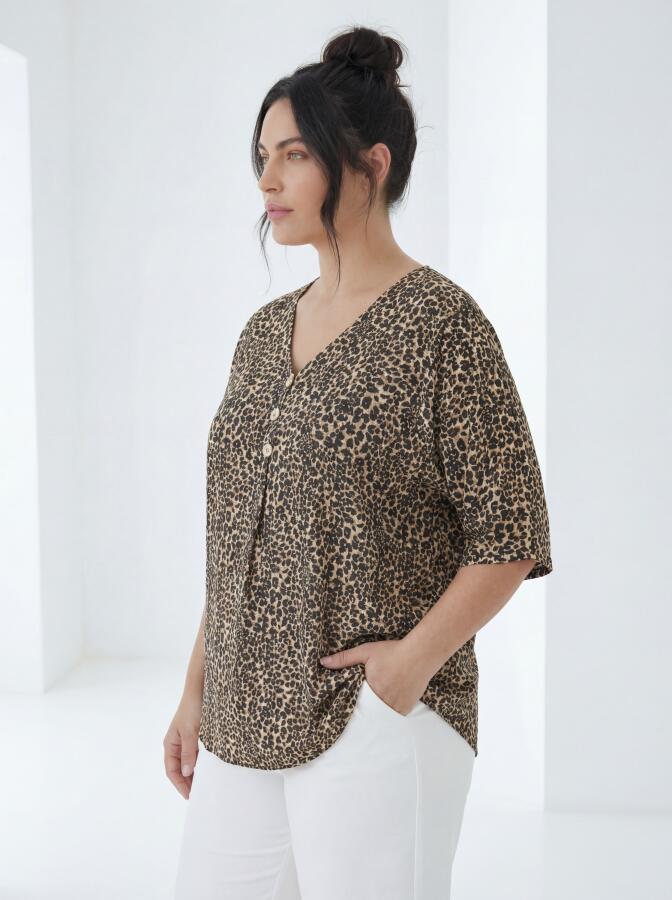 Ekose Desenli Kadın Büyük Beden Bluz Leopar - 2