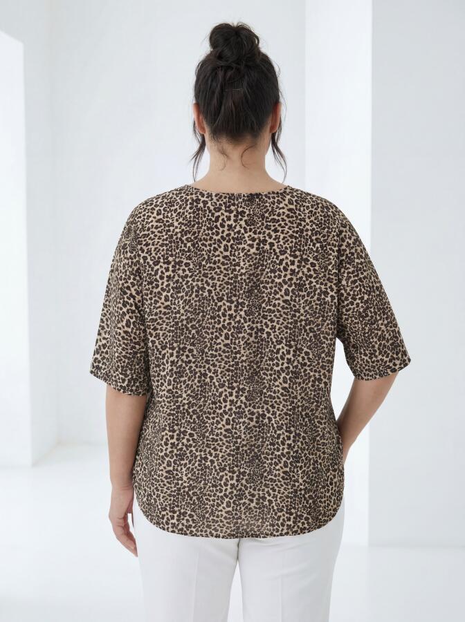 Ekose Desenli Kadın Büyük Beden Bluz Leopar - 4
