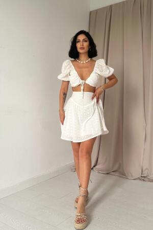 Ekru Brode Crop Ve Mini Etek Takım - 1