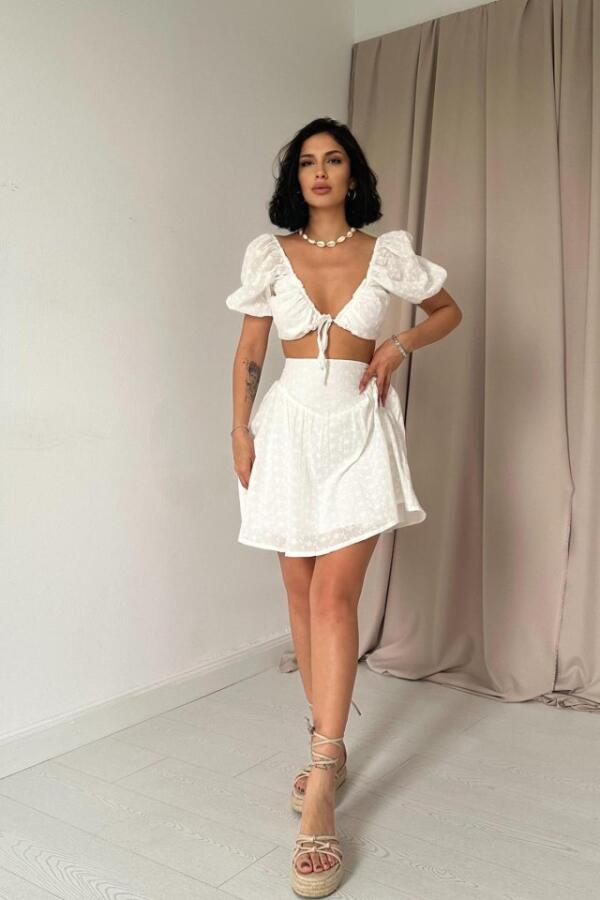 Ekru Brode Crop Ve Mini Etek Takım - 1