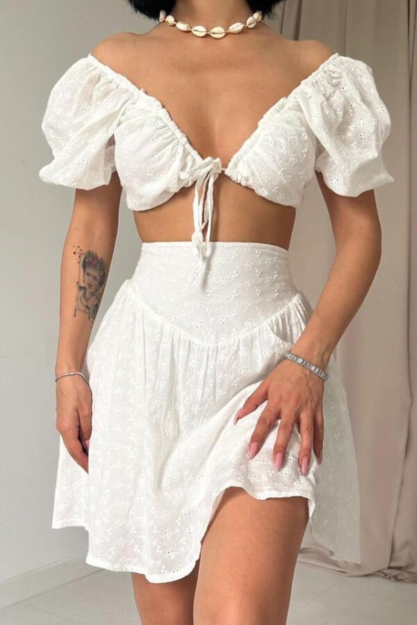 Ekru Brode Crop Ve Mini Etek Takım - 2
