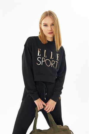 ELLE Sport Siyah Yaldızlı Kadın Crop Sweatshirt - 1