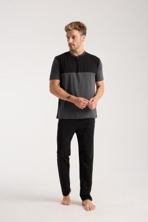 Erkek Antrasit Düğmeli Yaka Kısa Kol Pijama Takımı - Angelino (1)