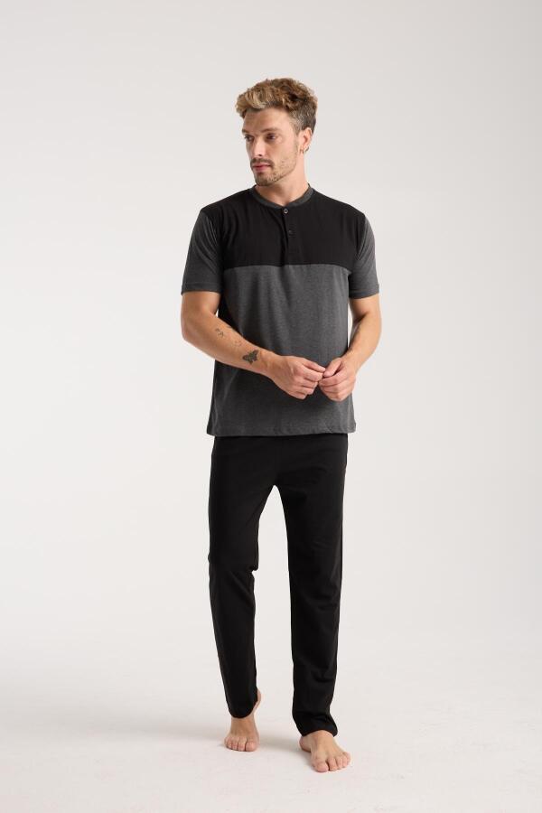 Erkek Antrasit Düğmeli Yaka Kısa Kol Pijama Takımı - 2