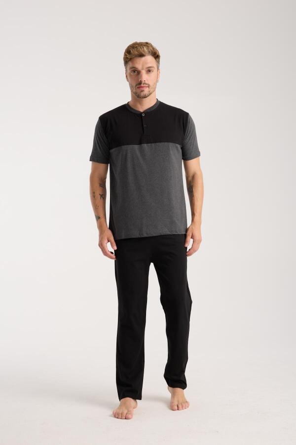 Erkek Antrasit Düğmeli Yaka Kısa Kol Pijama Takımı - 3