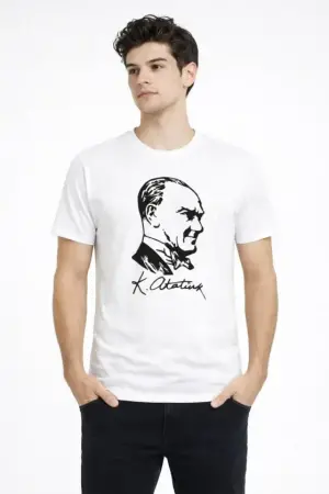 Erkek Atatürk Baskılı Tişört Kısa Kollu Bisiklet Yaka T-Shirt - Beyaz - 1