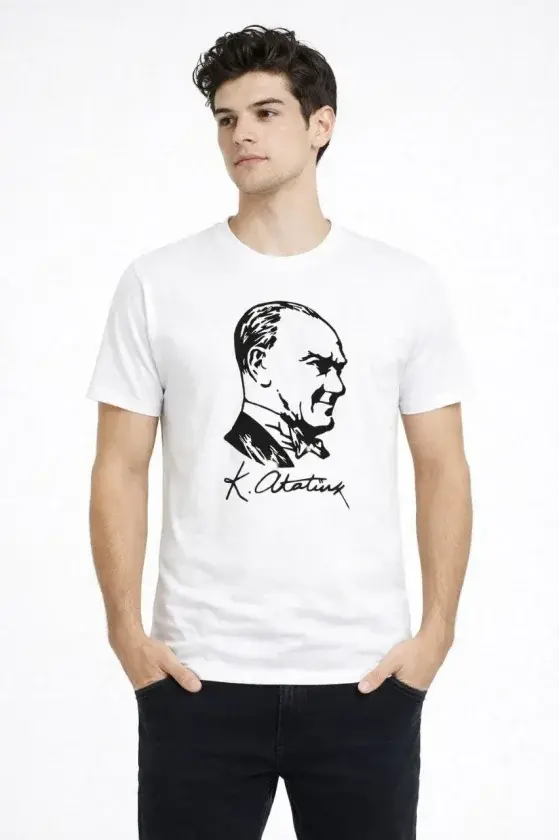 Erkek Atatürk Baskılı Tişört Kısa Kollu Bisiklet Yaka T-Shirt - Beyaz - 1