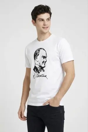 Erkek Atatürk Baskılı Tişört Kısa Kollu Bisiklet Yaka T-Shirt - Beyaz - 2