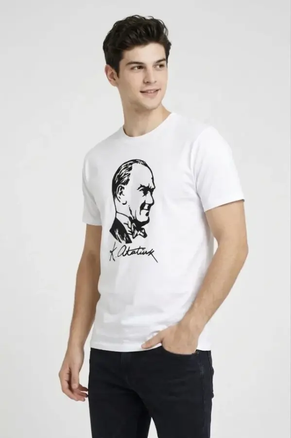 Erkek Atatürk Baskılı Tişört Kısa Kollu Bisiklet Yaka T-Shirt - Beyaz - 2