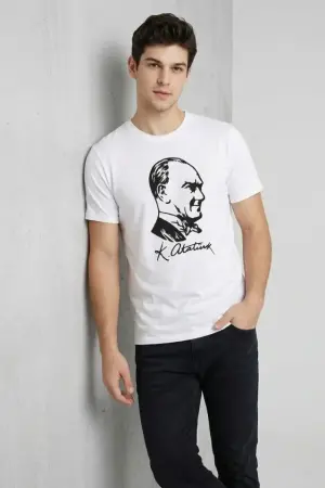 Erkek Atatürk Baskılı Tişört Kısa Kollu Bisiklet Yaka T-Shirt - Beyaz - 3