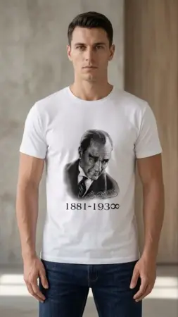 Erkek Atatürk Baskılı Tişört Kısa Kollu Bisiklet Yaka T-Shirt - Beyaz - 1