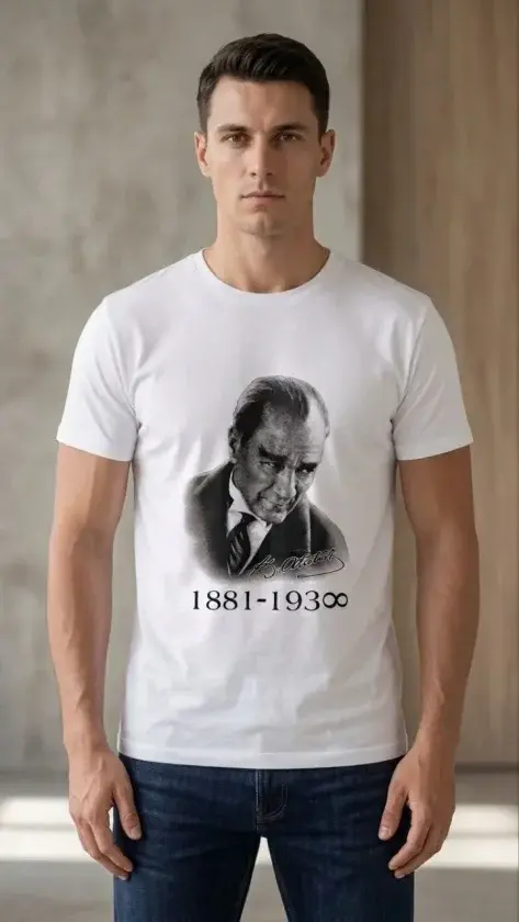 Erkek Atatürk Baskılı Tişört Kısa Kollu Bisiklet Yaka T-Shirt - Beyaz - 1