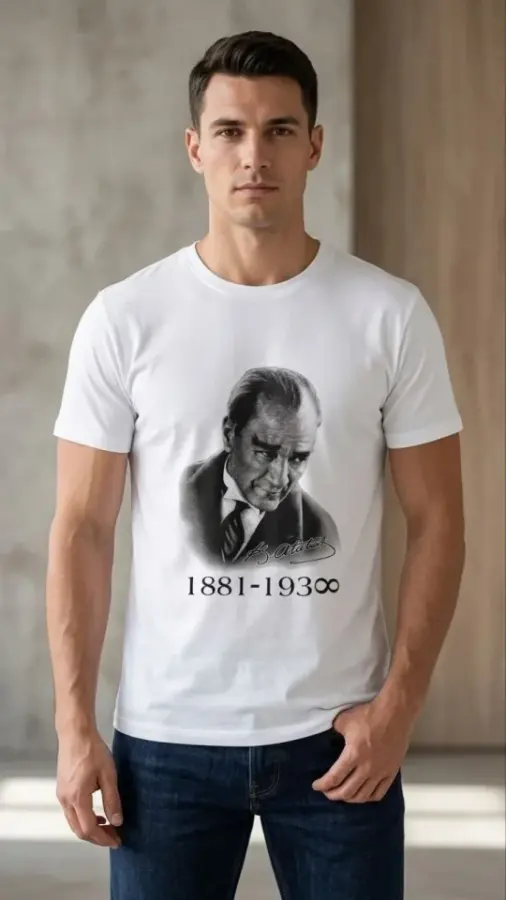 Erkek Atatürk Baskılı Tişört Kısa Kollu Bisiklet Yaka T-Shirt - Beyaz - 2