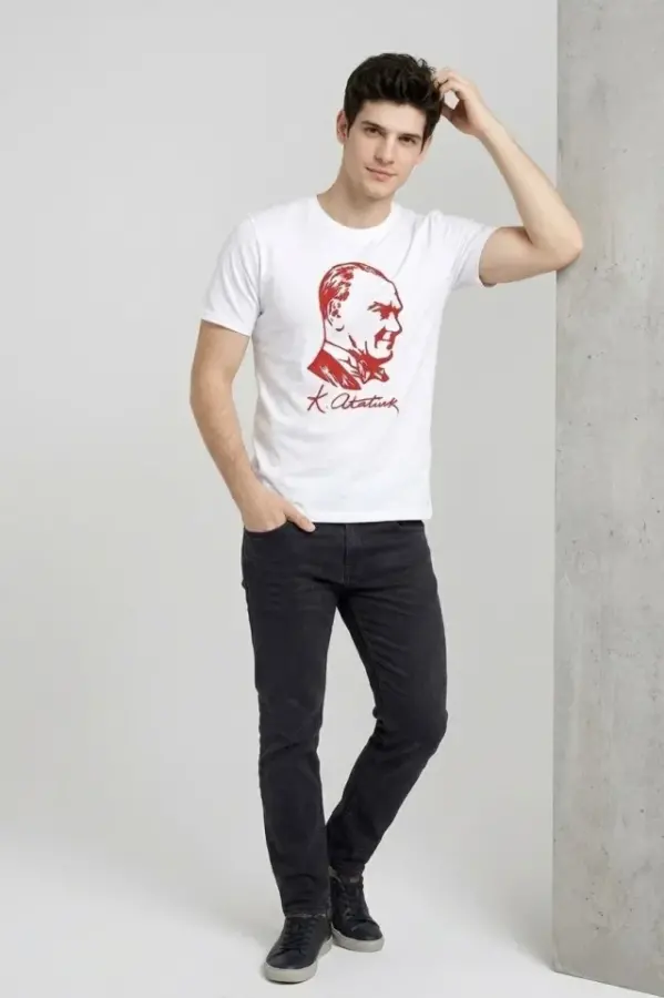 Erkek Atatürk Baskılı Tişört Kısa Kollu Bisiklet Yaka T-Shirt - Beyaz - 2