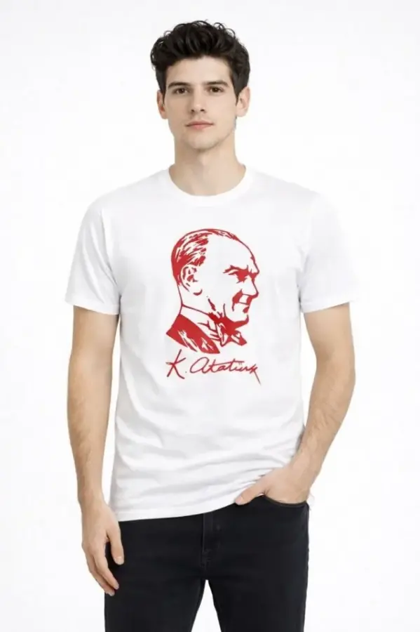 Erkek Atatürk Baskılı Tişört Kısa Kollu Bisiklet Yaka T-Shirt - Beyaz - 3