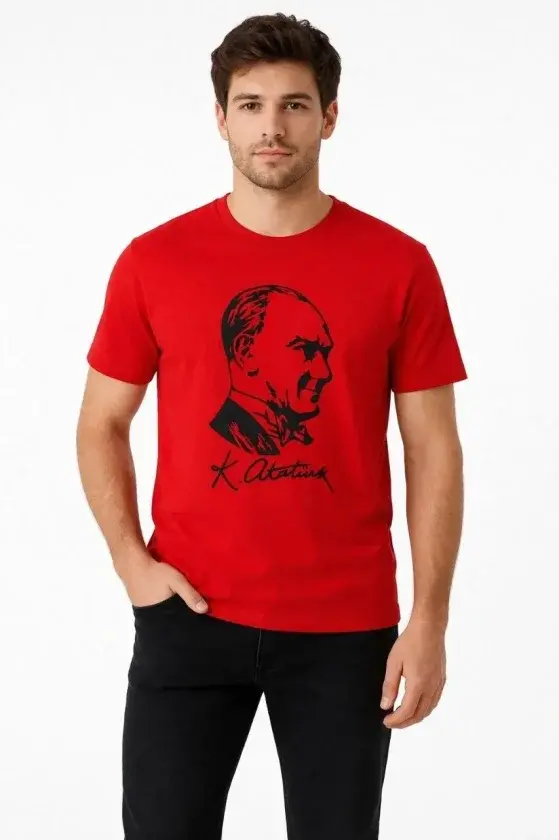 Erkek Atatürk Baskılı Tişört Kısa Kollu Bisiklet Yaka T-Shirt - Kırmızı - 1