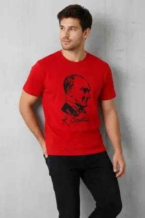 Erkek Atatürk Baskılı Tişört Kısa Kollu Bisiklet Yaka T-Shirt - Kırmızı - 3