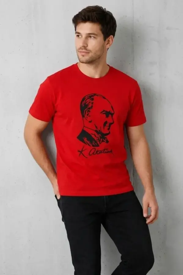 Erkek Atatürk Baskılı Tişört Kısa Kollu Bisiklet Yaka T-Shirt - Kırmızı - 3