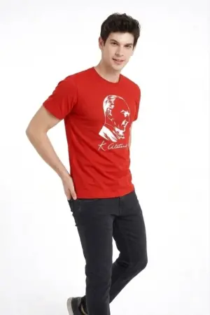 Erkek Atatürk Baskılı Tişört Kısa Kollu Bisiklet Yaka T-Shirt - Kırmızı - 1