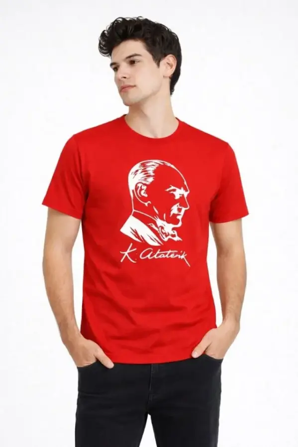 Erkek Atatürk Baskılı Tişört Kısa Kollu Bisiklet Yaka T-Shirt - Kırmızı - 2
