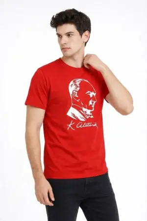 Erkek Atatürk Baskılı Tişört Kısa Kollu Bisiklet Yaka T-Shirt - Kırmızı - 3