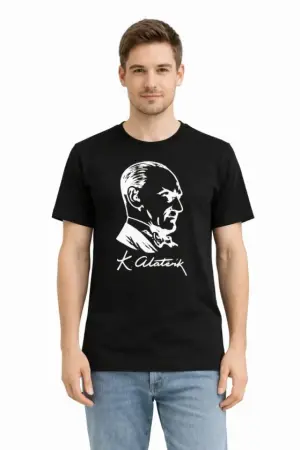 Erkek Atatürk Baskılı Tişört Kısa Kollu Bisiklet Yaka T-Shirt - Siyah - 1