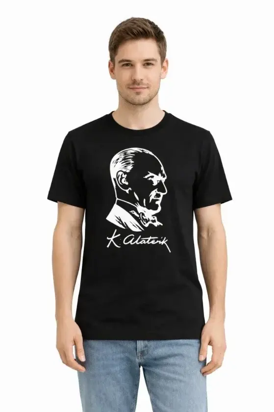 Erkek Atatürk Baskılı Tişört Kısa Kollu Bisiklet Yaka T-Shirt - Siyah - 1