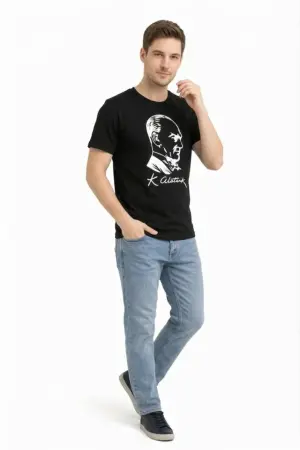 Erkek Atatürk Baskılı Tişört Kısa Kollu Bisiklet Yaka T-Shirt - Siyah - 2