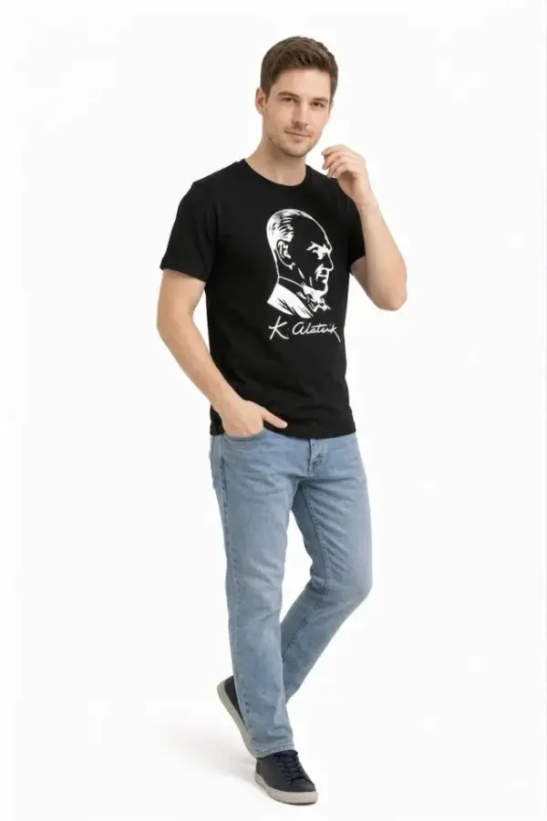 Erkek Atatürk Baskılı Tişört Kısa Kollu Bisiklet Yaka T-Shirt - Siyah - 2