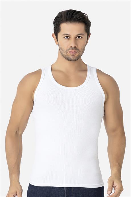 Erkek Beyaz Fitilli Atlet Pamuklu Likralı Kaşkorse Halter Yaka Slim Fit Atlet - 1