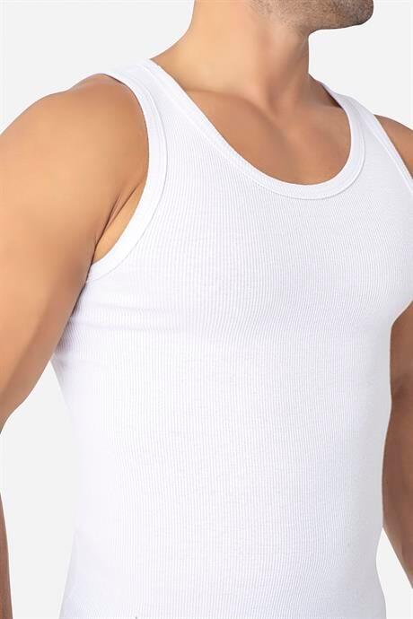 Erkek Beyaz Fitilli Atlet Pamuklu Likralı Kaşkorse Halter Yaka Slim Fit Atlet - 2