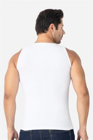 Erkek Beyaz Fitilli Atlet Pamuklu Likralı Kaşkorse Halter Yaka Slim Fit Atlet - 4