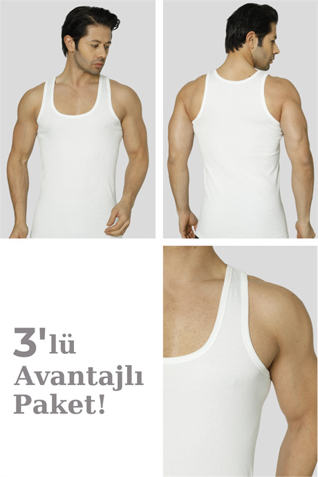 Erkek Beyaz Fitilli Kaşkorse Atlet 3'lü Paket Likralı - 1