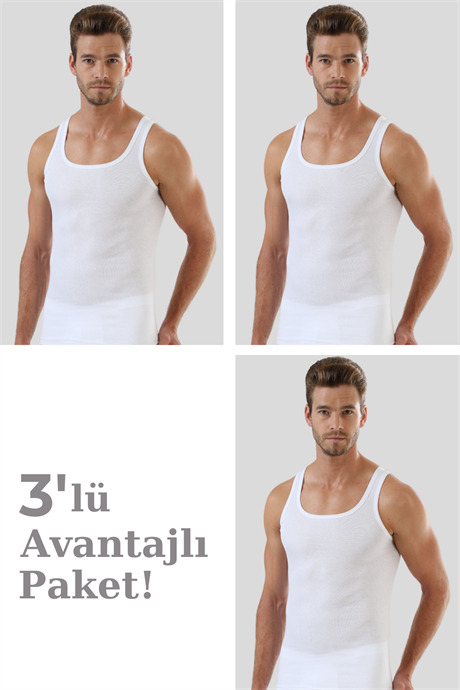Erkek Beyaz Ribana Atlet 3'lü Paket %100 Pamuklu - 1