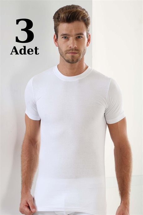 Erkek Beyaz T-Shirt Sıfır Yaka Kısa Kollu 3'lü Paket %100 Pamuk - 1