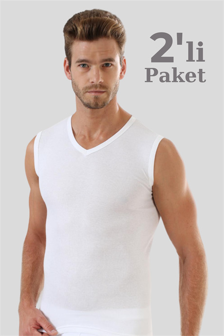 Erkek Beyaz Tişört V Yaka Sıfır Kol Kolsuz Atlet Body 2'li Paket %100 Pamuk - 1