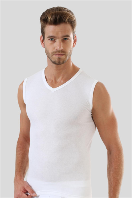 Erkek Beyaz Tişört V Yaka Sıfır Kol Kolsuz Atlet Body 2'li Paket %100 Pamuk - 3