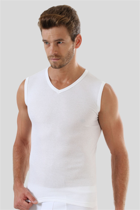 Erkek Beyaz Tişört V Yaka Sıfır Kol Kolsuz Atlet Body 2'li Paket %100 Pamuk - 5