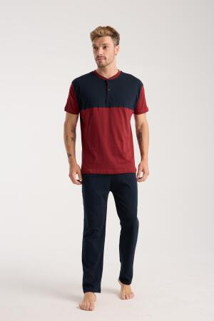Erkek Bordo Düğmeli Yaka Kısa Kol Pijama Takımı - 3