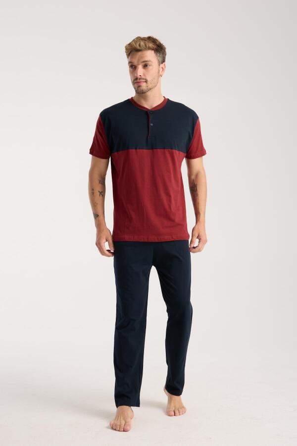 Erkek Bordo Düğmeli Yaka Kısa Kol Pijama Takımı - 3
