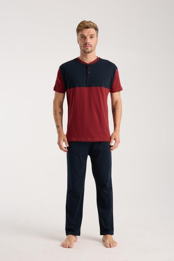 Erkek Bordo Düğmeli Yaka Kısa Kol Pijama Takımı - 4