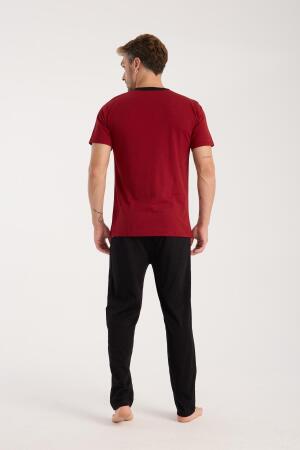 Erkek Bordo Düğmeli Yaka Kısa Kol Pijama Takımı - 5