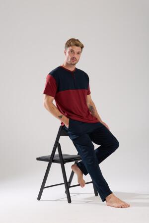 Erkek Bordo Düğmeli Yaka Kısa Kol Pijama Takımı - 6