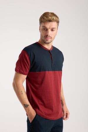 Erkek Bordo Düğmeli Yaka Kısa Kol Pijama Takımı - 7