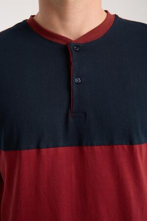 Erkek Bordo Düğmeli Yaka Kısa Kol Pijama Takımı - 9