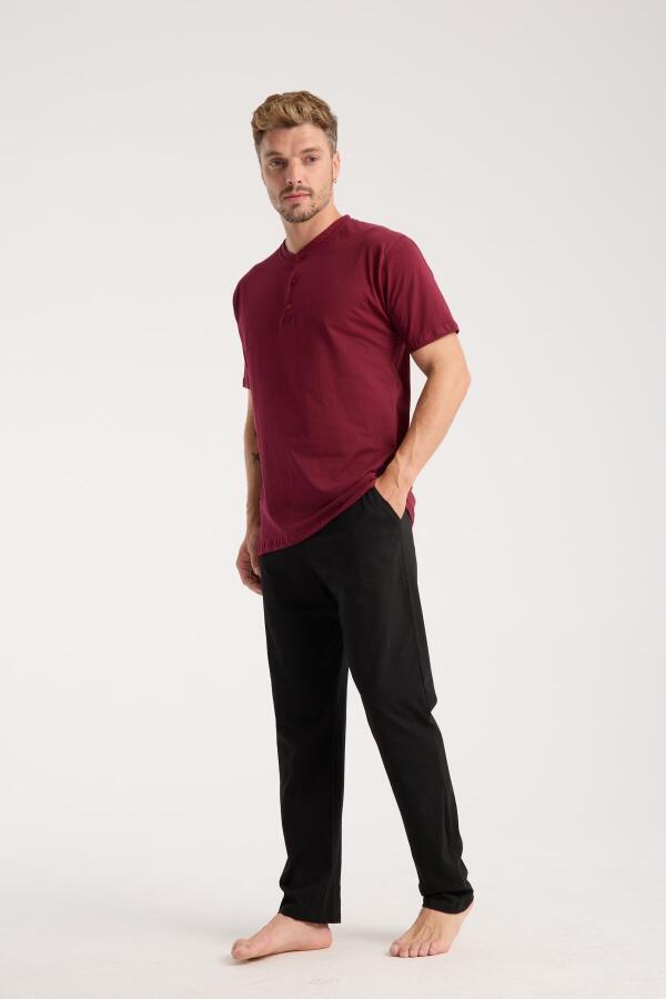 Erkek Bordo Düğmeli Yaka Kısa Kol Pijama Takımı - 1