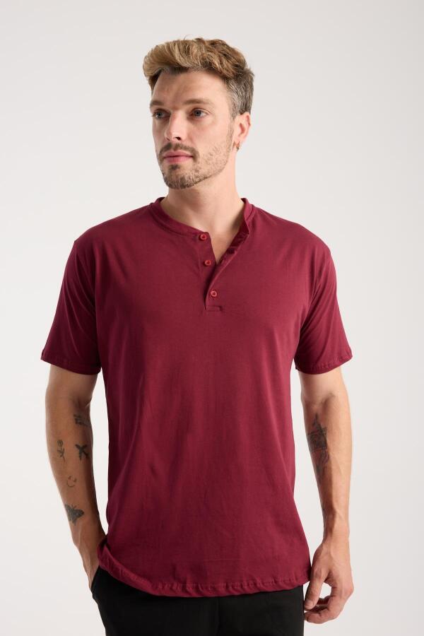Erkek Bordo Düğmeli Yaka Kısa Kol Pijama Takımı - 3