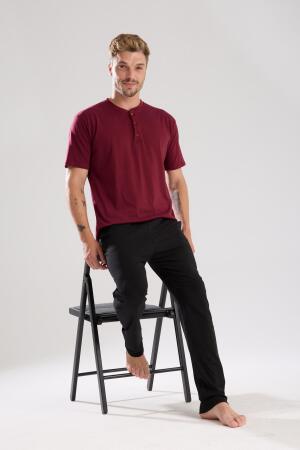 Erkek Bordo Düğmeli Yaka Kısa Kol Pijama Takımı - 4
