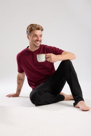 Erkek Bordo Düğmeli Yaka Kısa Kol Pijama Takımı - 5