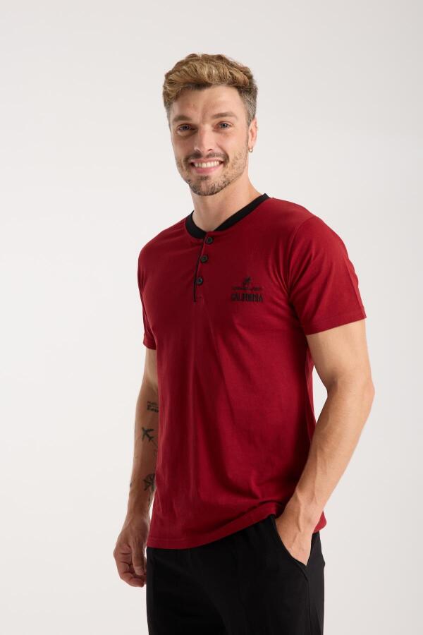 Erkek Bordo Düğmeli Yaka Kısa Kol Pijama Takımı - 3
